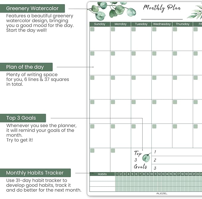 Magnetic Calendar for Refrigerator, Greenery Dry Erase Fridge Calendar Set (3 Boards) - Monthly & Weekly Planner Whiteboard, Shopping List White Board, 3 Markers + Eraser