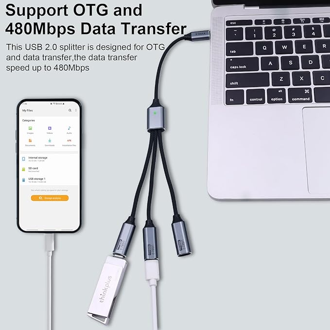 Danfetsoy USB C Splitter 1 in 3 Out, Multi USB C Splitter Cable, Type C Male to 3 Female Nylon Braided Cable Support 480Mbps Transfer Data and Charging for Android Tablets, MacBook, Keyboards, 25cm