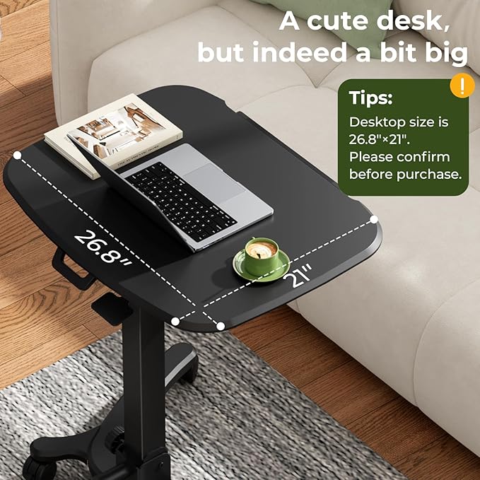 Foldable Mobile Standing Desk, 27"×21" Portable Rolling Laptop Cart with 90° Tiltable Board, Height Adjustable Mobile Desk Workstation with Wheels, Folding Table for Home Office, Black