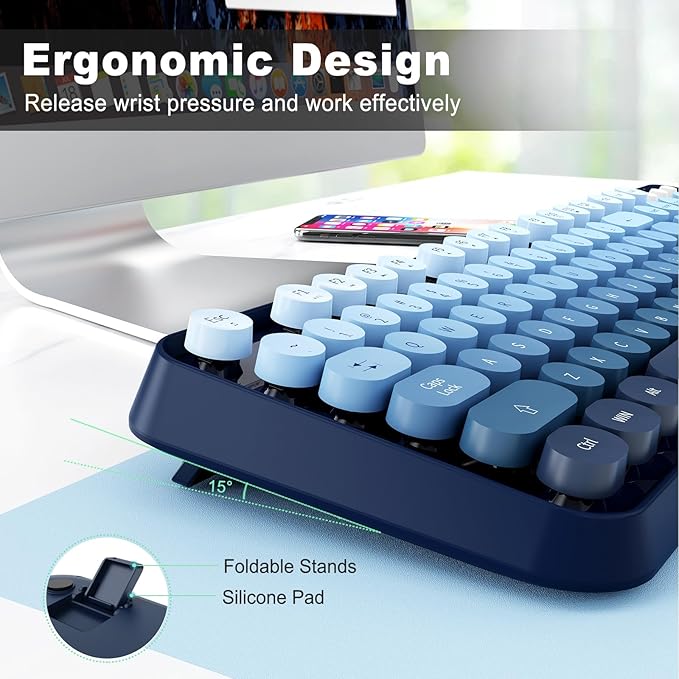 Wireless Keyboard and Mouse Combo,Retro Typewriter Style Gradient Blue Keyboard with Cute Bubble Round Keycaps,2.4GHz Full Size Clicky Creamy Keyboard & 3 DPI Mouse for PC Laptop Desktop-Navy Blue