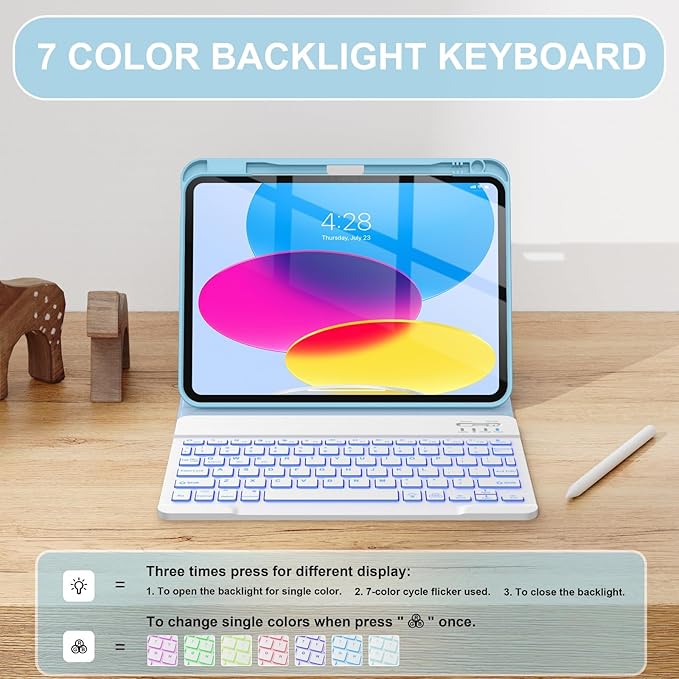 Soke for iPad (A16) 11th/10th Generation Case with Keyboard(2025/2022)-7 Color Backlight Wireless Detachable Folio Keyboard Cover with Built-in Pencil Holder for iPad 11/10.9 inch, Ice Blue Marble