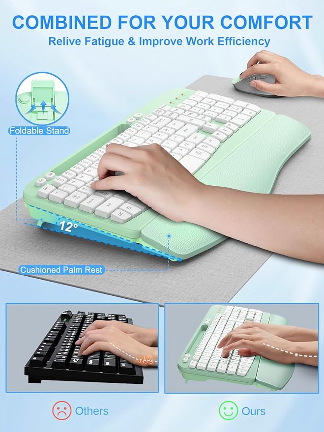 Wireless Keyboard and Mouse Combo, Wave Keys Computer Ergonomic Keyboard with Cushioned Plam Rest, Phone Holder, 2.4GHz Silent 6 Button Wireless Mouse Set for Laptop, PC, Windows, Mac (Mint Green)