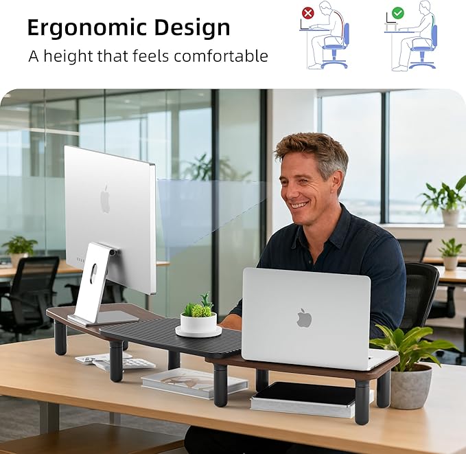 Dual Monitor Stand For Desk,Adjustable Height Long Wood Computer Riser For Computer,Laptop,Printer,TV,Walnut