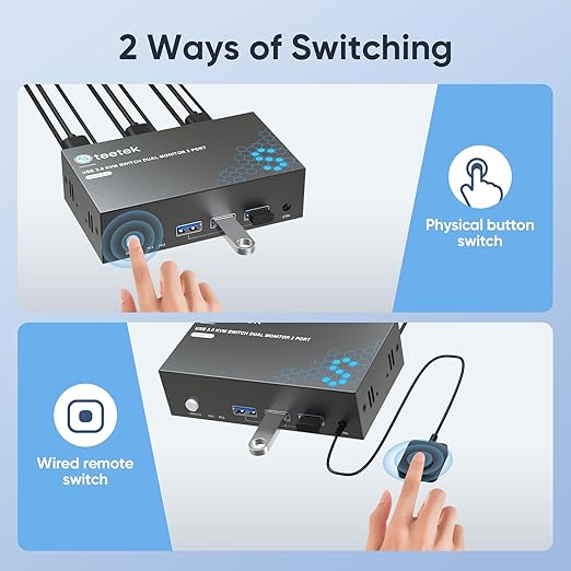 Hearvo 8K@60Hz HDMI KVM Switch for 2 Computers 2 Monitors, Dual Monitor KVM Switch with EDID Adaptive, Keyboard/Mouse/Printer Sharing, Includes 2 USB Cables & Controller -S7229H2