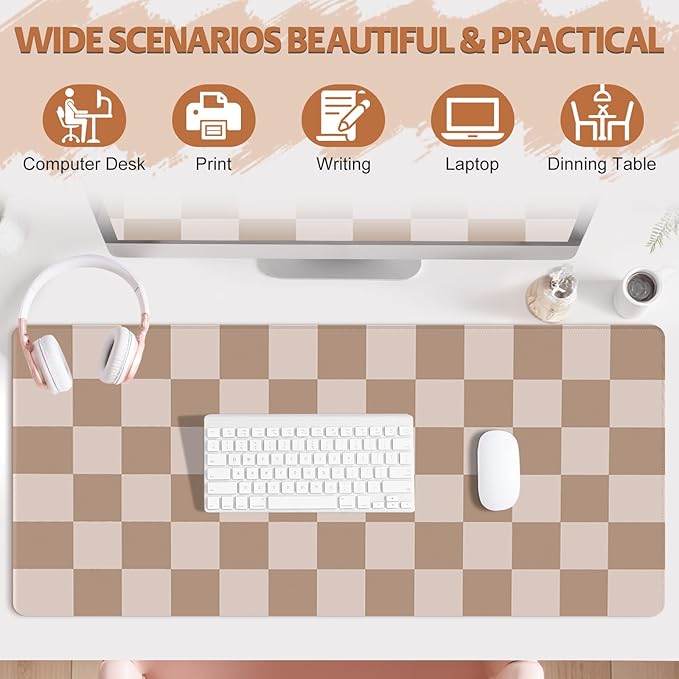 Big Desk Pad Mouse Pad, Large Gaming Mouse Mat with Stitched Edges, Non-Slip Waterproof Rubber Base Mous Mat for Office Computer Keyboard Laptop Home Decor (35.4X17.5 in), Milk Tea Brown Checkered