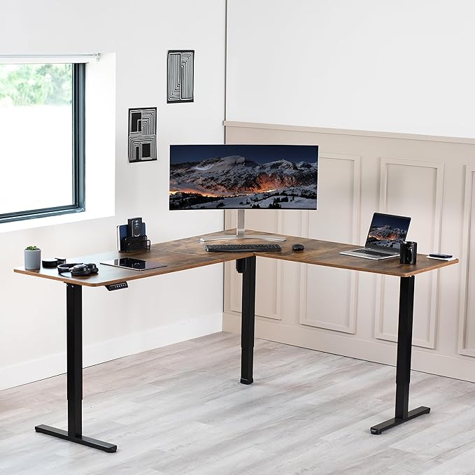VIVO Corner Standing Desk, 75 x 63 inch Reversible L-Shaped Workstation, Electric Height Adjustment, Home, Office, and Reception Rooms, Rustic Vintage Brown Table Top Black Frame, DESK-E3CTN-75