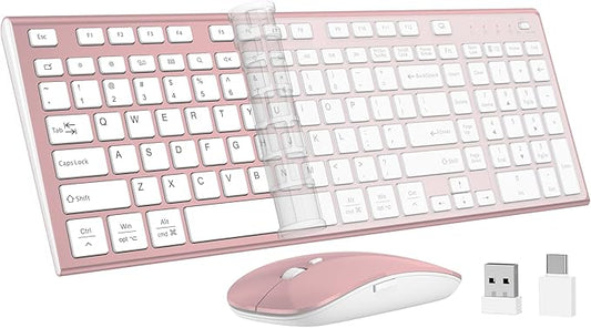 Wireless Keyboard and Mouse, GALENMORO Silent Quiet Combo Low Profile USB C Full Size Compact with Number Pad Flat Soft Touch Cordless for Mac Computer PC Laptop MacBook iMac Office - Pink Rose Gold