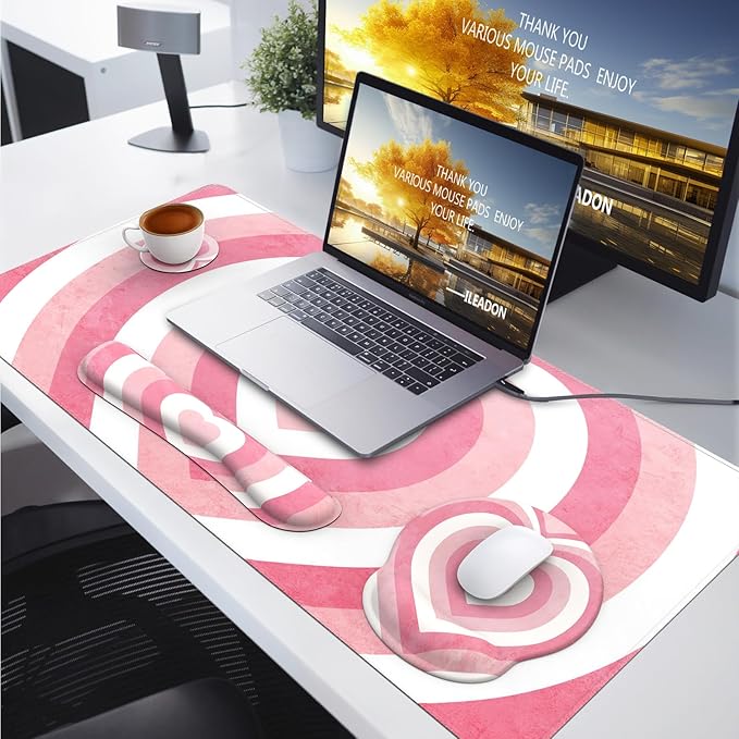 iLeadon Pink Desk Mat, Desk Pad + Pink Mouse Pad with Wrist Rest + Keyboard Wrist Rest + Coaster, 4in1 Mouse Pad Set, Mouse and Keyboard Pad for Home Office, Heart Pink