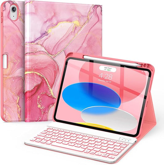 Soke for iPad (A16) 11th/10th Generation Case with Keyboard(2025/2022)-7 Color Backlight Wireless Detachable Folio Keyboard Cover with Built-in Pencil Holder for iPad 11/10.9 inch, Watermelon Marble