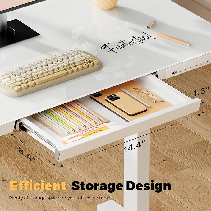 Glass Small Standing Desk with Drawer, 31.5" x 20" Whole Piece Electric Sit Stand Table, Height Adjustable Desk with Storage & USB Ports, Quick Install Home Office Computer Desk, White