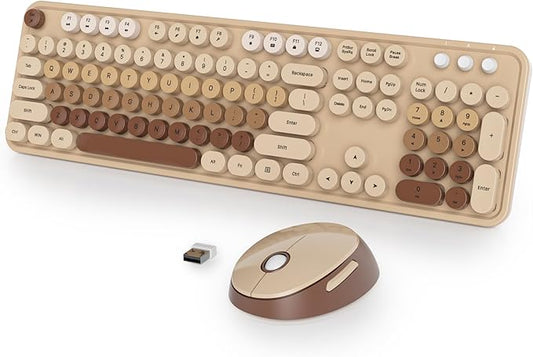 Coffee Brown Keyboard and Mouse Combo Wireless, 2.4G Full Size 104-Key Retro Typewriter Keyboards Round Keys for Students Teenagers Home Office PC Laptop(Coffee)