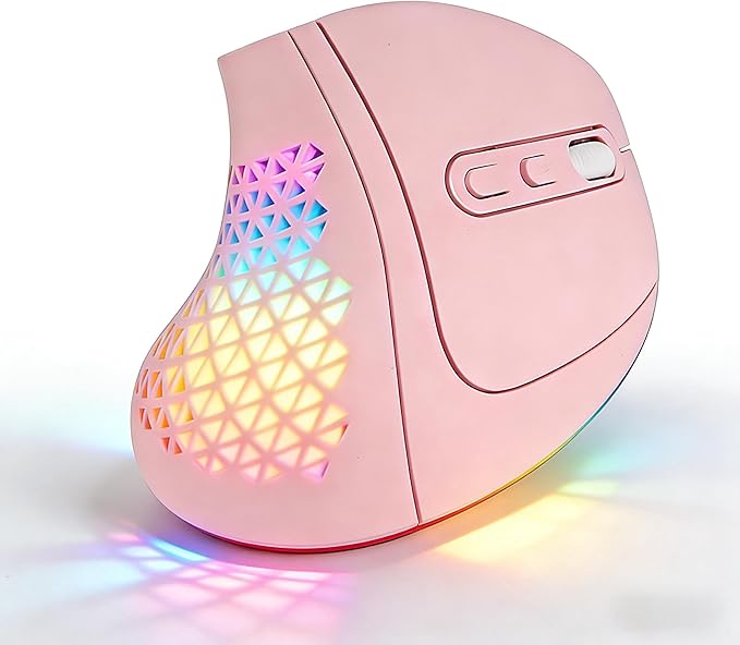 Bluetooth Wireless Dual-Mode Vertical Mouse - Silent Click, Ergonomic Comfort for Office & Home Use, Rechargeable with LED Breathing Light, Compatible with Multiple Devices (Pink)