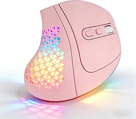 Bluetooth Wireless Dual-Mode Vertical Mouse - Silent Click, Ergonomic Comfort for Office & Home Use, Rechargeable with LED Breathing Light, Compatible with Multiple Devices (Pink)