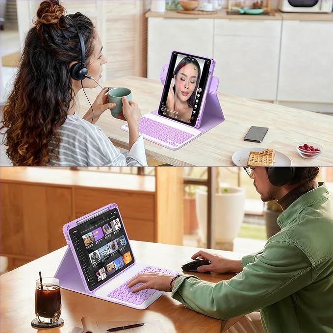 YBING Keyboard Case for iPad 10th Gen 10.9 inch(2022) & 11th Gen(A16, 2025), 7-Color Backlit Detachable Keypad & Rotatable Magnetic Case with Pencil Holder (Purple)