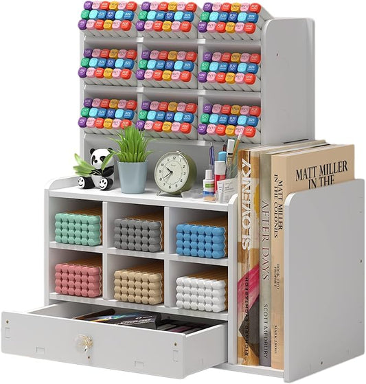 Pen organizer for desk,Marker organizer,Pen holder with drawer,Pencil Holder,with 15 Compartments and 1 Drawer, 1 File Holder Multi-Functional Desk Organizers (White)