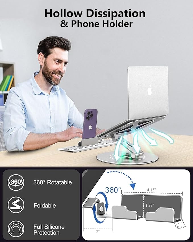 Laptop Stand with Phone Holder, Adjustable Laptop Stand, Aluminum Computer Mount Holder, Ergonomics Laptop Riser for Desk, Printer Stand Fits MacBook, up to 17.3" All Notebooks Silver