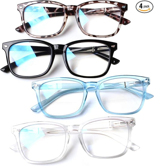 Henotin 4-Pack Blue Light Blocking Reading Glasses Women Men,Spring Hinge Computer Readers,Anti UV Ray Square Nerd Eyeglasses (4 pack Mix Color, 0.50, Diopters)