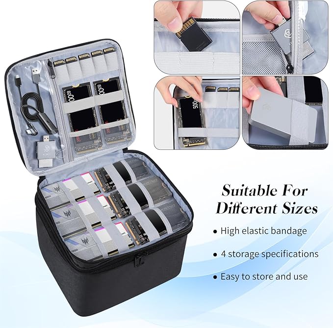 Hard Drive Case,14 -Bay Protective Storage Bag for 3.5" HDD, Large Capacity Storage Box with Lock,Portable External Hard Drive Carrying Case,Movable Grid and Shockproof(Bag only)