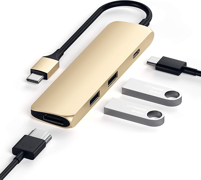 Satechi USB C Hub Multiport Adapter, USB-C Docking Station with 4K HDMI, 60W USBC PD Charging, 2 USB-A, for MacBook Air/Pro M5/M4, Dell, HP, Surface, Lenovo - Gold, Slim Classic