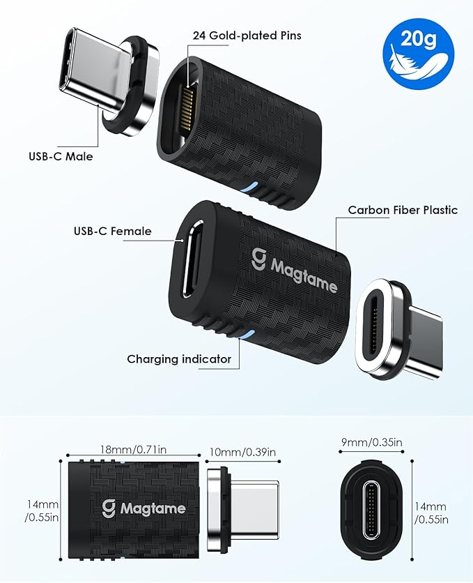 Magtame Carbon Fiber Plastic USB C to USB C Magnetic Adapter 24Pin 240W (1Pack with 2 Tips), Straight Type-C Extender, 40Gbps Fast Charge and 4K Video, Protect Port for Laptop, iPhone 17/16, USB3/4