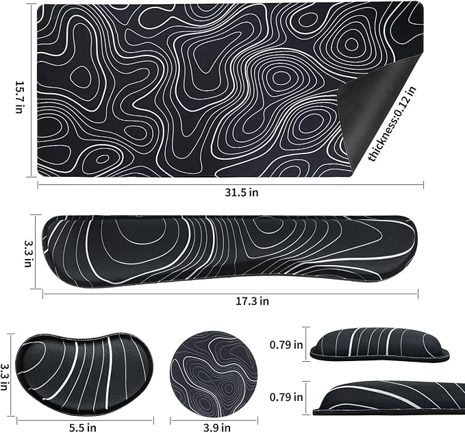 Bloss Large Gaming Mouse Pad XL Desk Mat, 4-in-1 Mouse Pad with Wrist Rest, Large Desk Pad, Keyboard Pad for Office/Home-Black and White Topography (31.5 x 15.7 x 0.12 Inches)