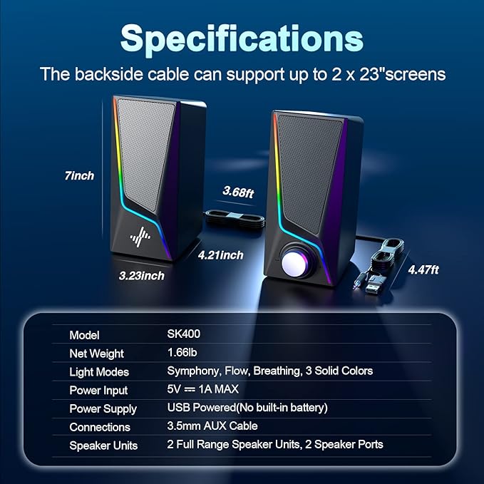 Nylavee Computer Speakers, PC Speakers with 6 Lighting Modes, USB Powered Computer Speakers for Desktop PC with 2 Bass-Boost Ports, 2 Speaker Units, and 3.5mm Aux-in for PC, Laptop, Monitor, Gaming