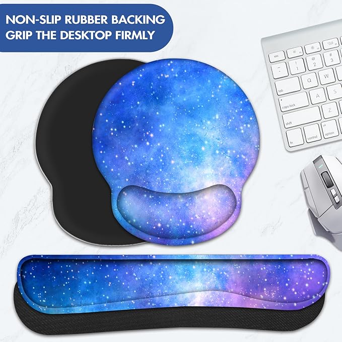 Keyboard Wrist Rest, Ergonomic Mouse Pad Wrist Support, Memory Foam Wrist Rest, Anti-Slip Base, Mousepad with Coaster for Computer Keyboard Office Home, Nebula Galaxy
