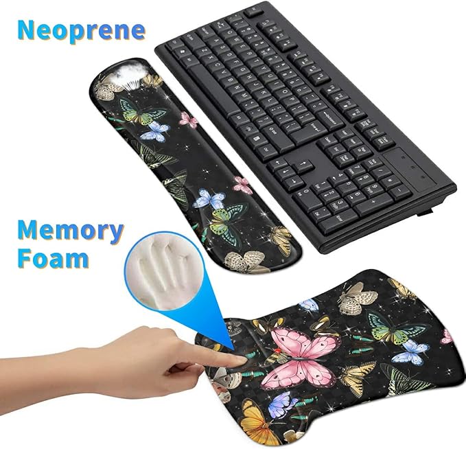 Ergonomic Mouse Pad with Wrist Support Gel Mouse Pads and Upgrade Keyboard Wrist Rest Pad Set, Coasters Non-Slip PU Base Mouse Mat for Office Gaming Computer Laptop Home, Glitter Butterfly