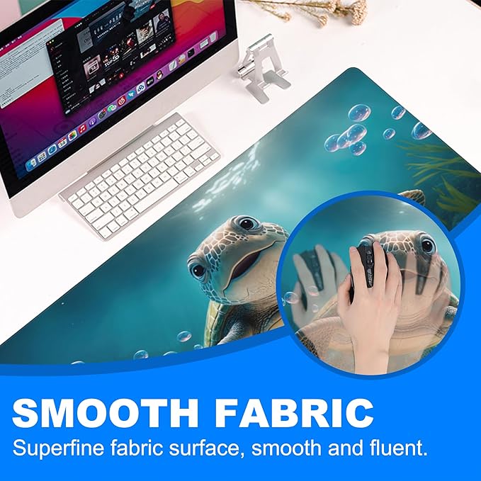 Desk Mat, Cute Turtle Smiling Under The Sea Extended Gaming Mouse Pad Large, 35.4"x15.7" Big Mouse Pad with Non-Slip Base and Stitched Edge, Long Computer Keyboard Mouse Mat for Home Office Work