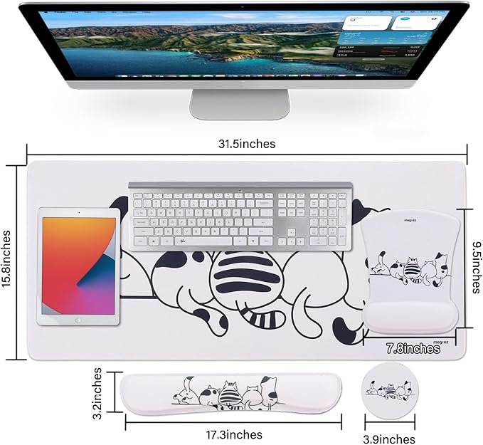 MEGREZ 4-in-1 Ergonomic Memory Foam Wrist Rest Set, Desk Pad, Mouse Pad with Wrist Rest, Keyboard Pad, Suitable for Office Workers, Programmers & Gamers–Relieve Typing & Gaming Fatigue, Beige