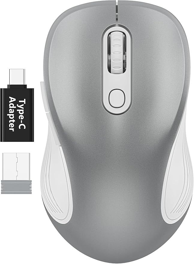 WisFox 2.4G Wireless Mouse for Laptop, Ergonomic Computer Mouse with USB Receiver and Type-C Adapter, 3 Adjustable Levels DPI, 6 Button Cordless Wireless Mice (Silver)
