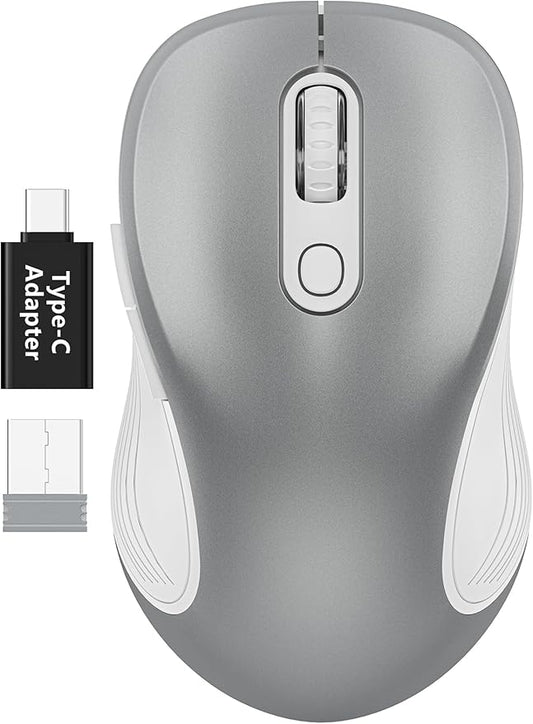 WisFox 2.4G Wireless Mouse for Laptop, Ergonomic Computer Mouse with USB Receiver and Type-C Adapter, 3 Adjustable Levels DPI, 6 Button Cordless Wireless Mice (Silver)