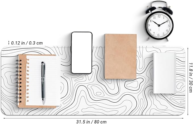 Large Computer Mouse Pad with Non-Slip Base for Desktop, Cute Gaming Mouse Mat with Stitched Edges, Long Extended Anime Mousepad for Laptop, 31.5 x 11.8 inches (White Topographic Map)