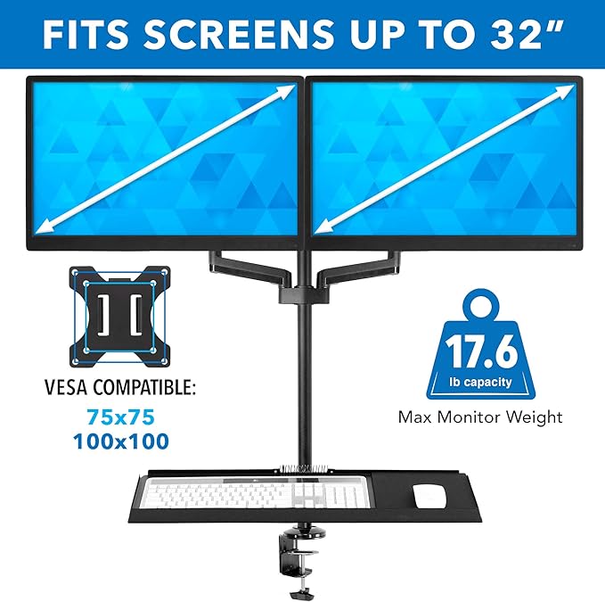 Mount-It! Dual Monitor Arm Desk Mount Sit-Stand Workstation with Keyboard Tray, Height Adjustable Gas Spring, Fits Two 17–32” Screens, 17.6 lbs Each, VESA 75x75 100x100, Clamp or Grommet (Black)