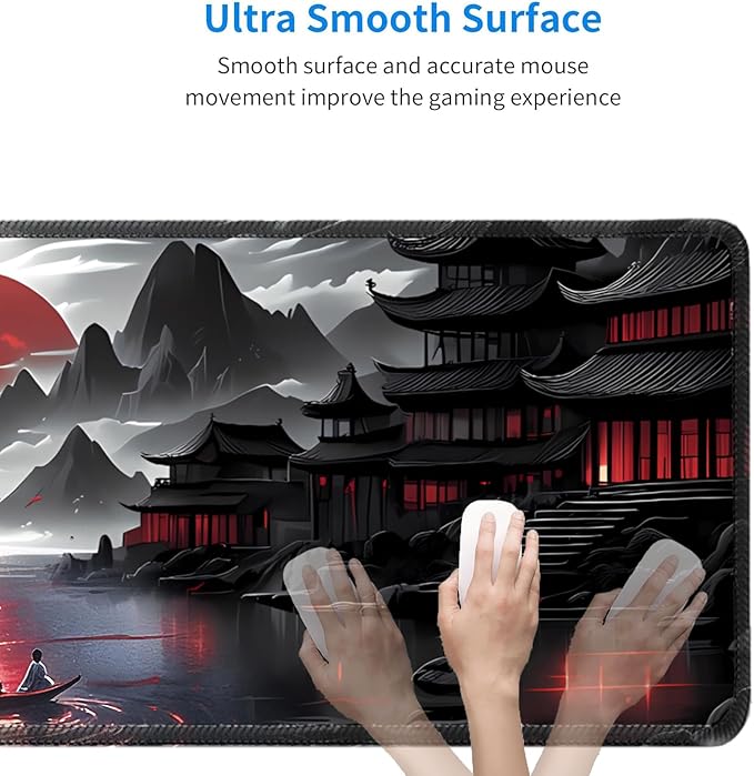 Japanese Sakura Mouse Pad 31.5x11.8 Inch Black Anime Desk Mat Large Non-Slip Rubber Base Waterproof with Stitched Edges for Gaming and Office(Red Moon)