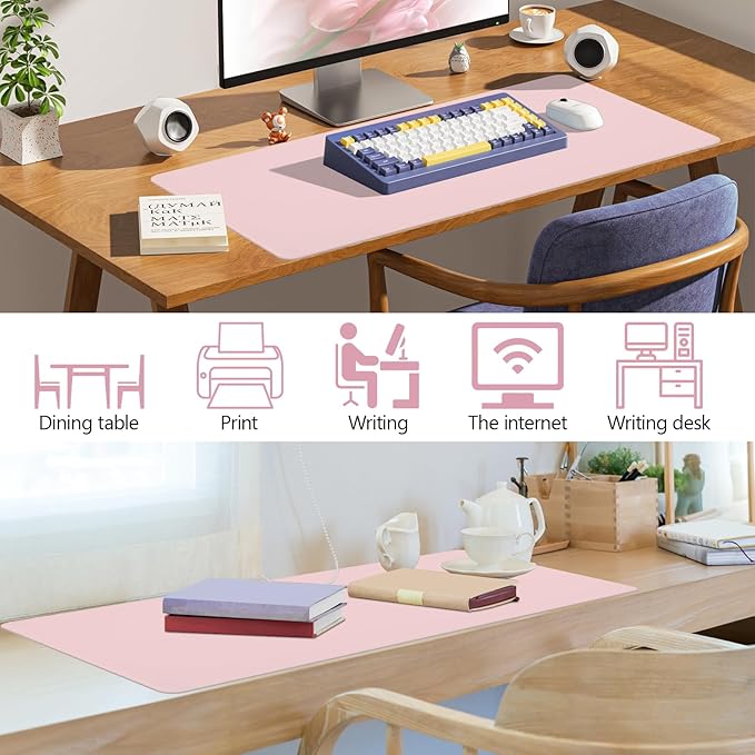Pink Leather Desk Mat Large Mouse Pad, Waterproof Desk Pad for Keyboard and Mouse, Non-Slip Computer Desk Protector, Smooth Mouse Movement Desk Mat for Home and Office(31.5"×15.7")