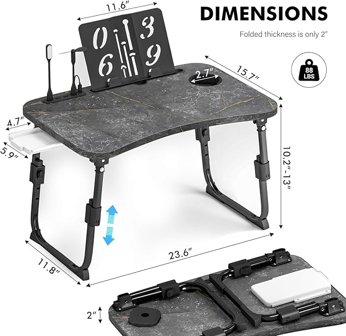 Lap Desk for Bed Adjustable Height, Foldable Bed Table with Storage Drawer, Tablet Slot & Cup Holder, Portable Laptop Stand for Bed & Sofa, Bed Desk for Adults & Kids, Deep Stone Color