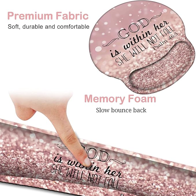 Keyboard Wrist Rest and Mouse Pad with Wrist Support, Ergonomic Mouse Pad Coaster, Easy Typing Pain Relief, Keyboard Mousepad Set,Psalm 46:5 God is Within Her,She Will Not Fall Pink Glitter
