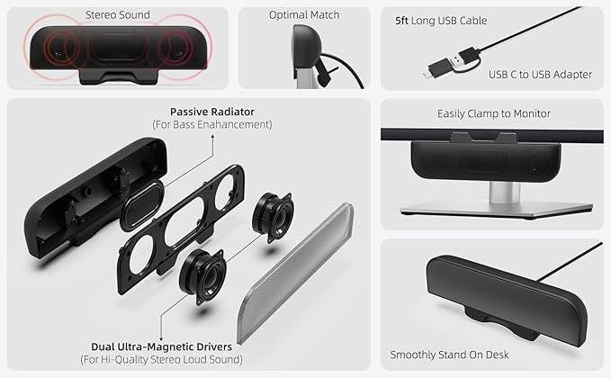 Computer Speakers for Desktop PC, Monitor Speakers, USB Plug-in, Wired, External Speaker for Laptop, Small Computer Soundbar for PC, with Loud Sound, Deep Bass, USB-C Adapter, Easily Clamp to Monitor