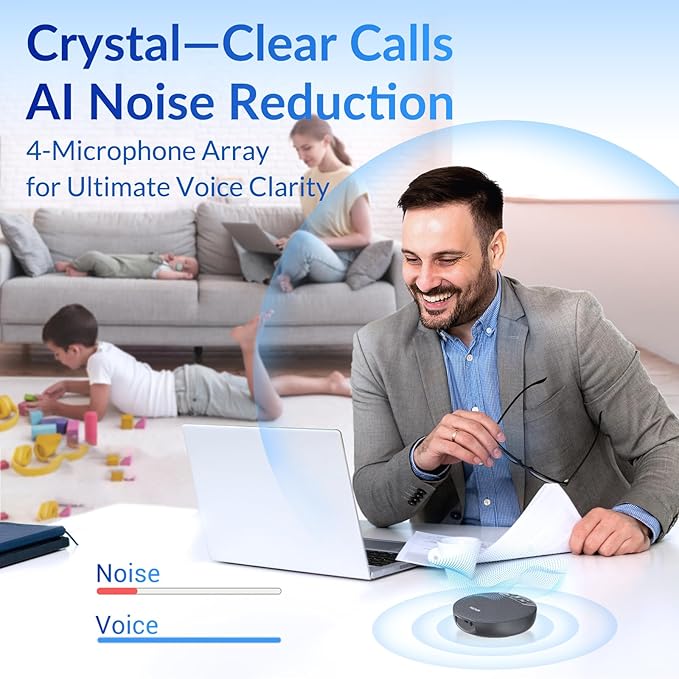 Bluetooth Conference Speakerphone with AI Noise Reduction, 4 Mics, 360° Voice Pickup, 2600mAh Battery, Bluetooth/USB-C/Dongle, Daisy Chain for Large Rooms, Compatible with Zoom/Teams/Skype