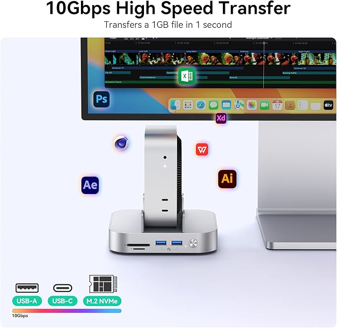 Yottamaster 9 in 1 Mac mini M4 Dock 10Gbps with 8TB NVMe SATA SSD Enclosure, Aluminum Mac mini M4 Stand and Hub, Built in Cool Fan, USB-A*2/USB-C 10Gbps, USB-A 2.0 * 2, 3.5mm Audio*2, TF/SD