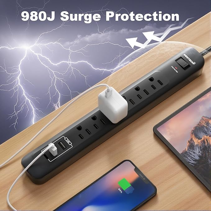 2 Pack Power Strip Surge Protector - 5Ft Extension Cord with 6 Outlets with 3USB Ports(1 USB C) Port, 1875W/15A, Flat Plug, Wall Mount Desk Charging Station for Home Office, Dorm Room
