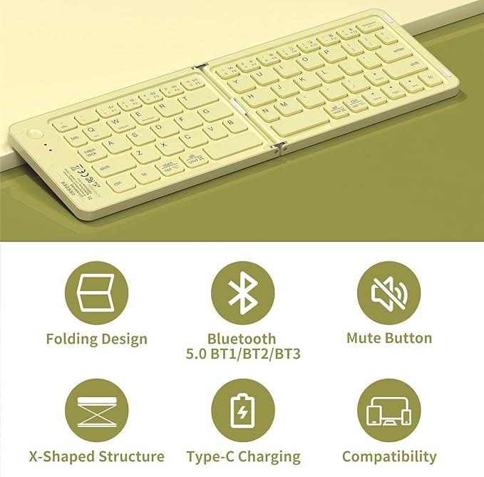 Foldable Bluetooth Keyboard with UV Printing Technology Rechargeable Keyboards,Compact Wireless Travel Keyboards for iPad, Smartphone, Tablet and Laptop - Z1 Pale Yellow