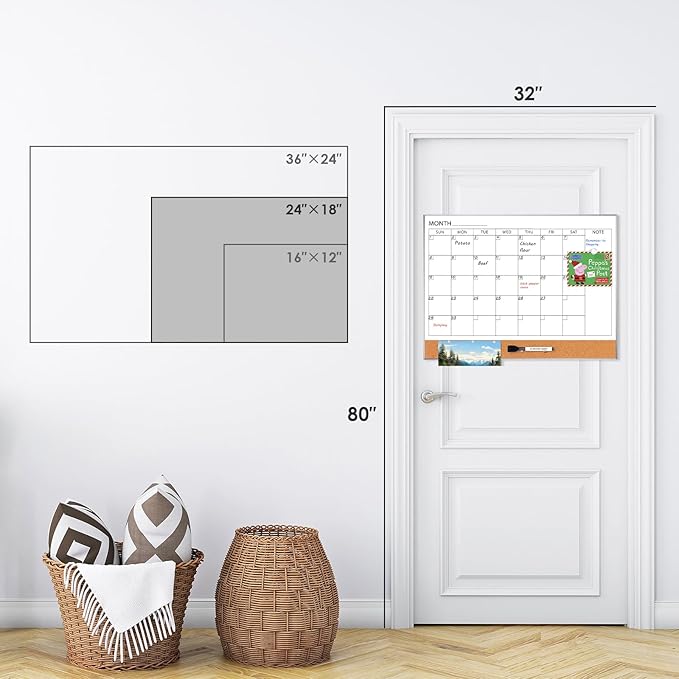 ARCOBIS Dry Erase Calendar with Cork Board for Wall, 24"x 18" Magnetic Calendar Whiteboard with Silver Frame, Monthly Combination Board for School, Home, Office