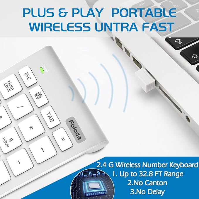 Foloda Wireless Number Pad, 10 Keys USB Keypad for Laptop, 22 Keys Extensions Numeric Numpad Computer Laptop Accessories for PC Desktop Surface Pro Notebook