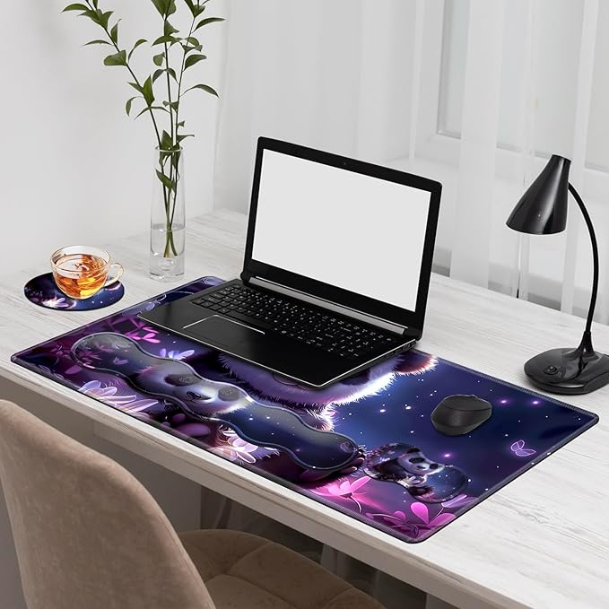 Gaming Mouse Pad Set, Cute Panda Large Desk Mat Mousepad, Keyboard Wrist Support, Mouse Wrist Rest, Coaster 4in1 Ergonomic Memory Foam, Non-Slip Stitched Edge for Home Office