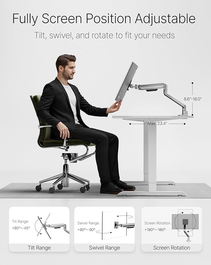 monTEK Deluxe Monitor Arm for 17 to 40 Inch Curved Screens with Cable Management Aluminum Fully Adjustable Single Monitor Arm with Clamp/Grommet, Quick Release Plate,75x75/100x100 VESA