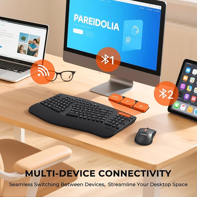 MEETION Ergonomic Keyboard and Mouse, Multi-Device Bluetooth Keyboard and Mouse Wireless, 4 DPI Adjustable Mouse, Full-Sized Split Keyboard, for PC/Computer/Laptop/Tablet/Window/Mac