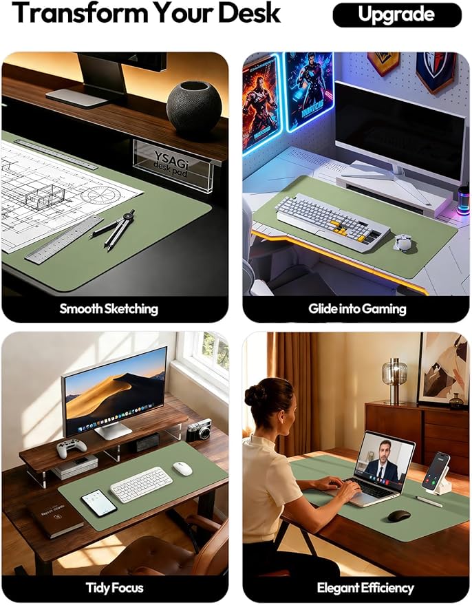 YSAGi Leather Desk Protector, Office Mat, Large Mouse Mat, Non-Slip PU Leather Blotter, Laptop Pad, Waterproof Writing Pad for Office and Home (Bamboo Green, 47" x 17")