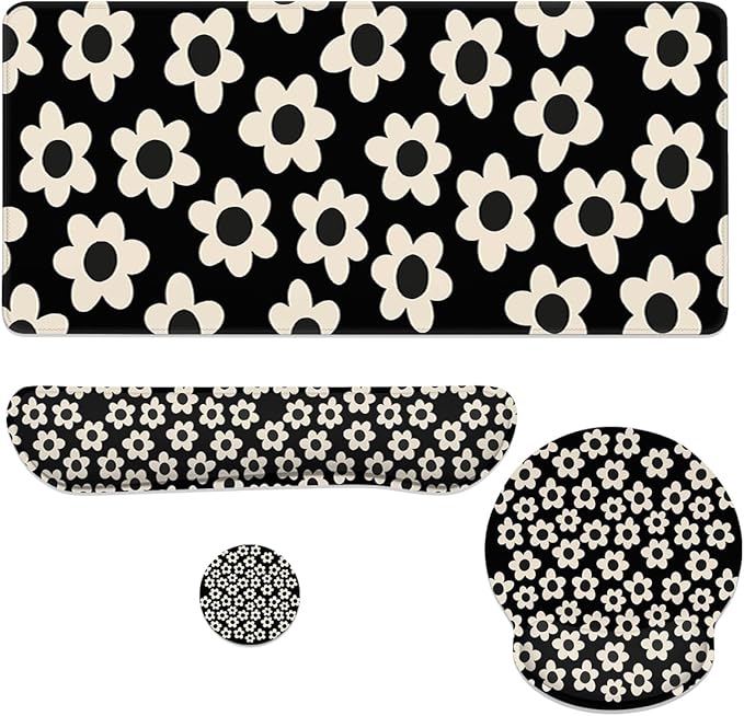 Flowers Mouse Pad Set Minimalist Retro Daisy Gaming Mousepad 4in1 Desk Mat for Desktop Wrist Support Cup Coaster Set Ergonomic Computer Desk Arm Wrist for Decor Home Office